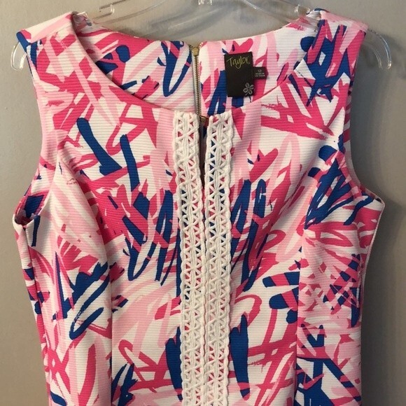 TAYLOR 12 SLEEVELESS WHITE PINK BLUE ABSTRACT PRINT MINI DRESS EMBROIDERED - Picture 4 of 9